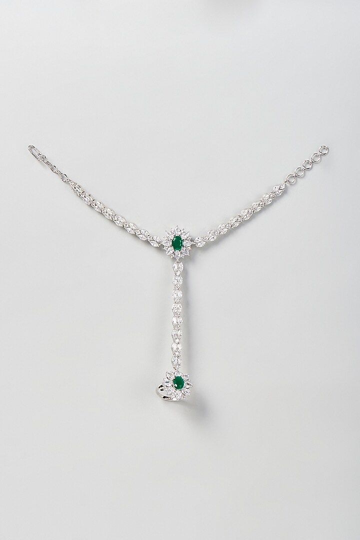 White Finish Zircon & Green Stone Haathphool (Set Of 2) by Aster at Pernia's Pop Up Shop